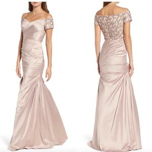 NWT La Femme Off The Shoulder Beaded Satin Trumpet Gown Champagne 25996 SZ 8